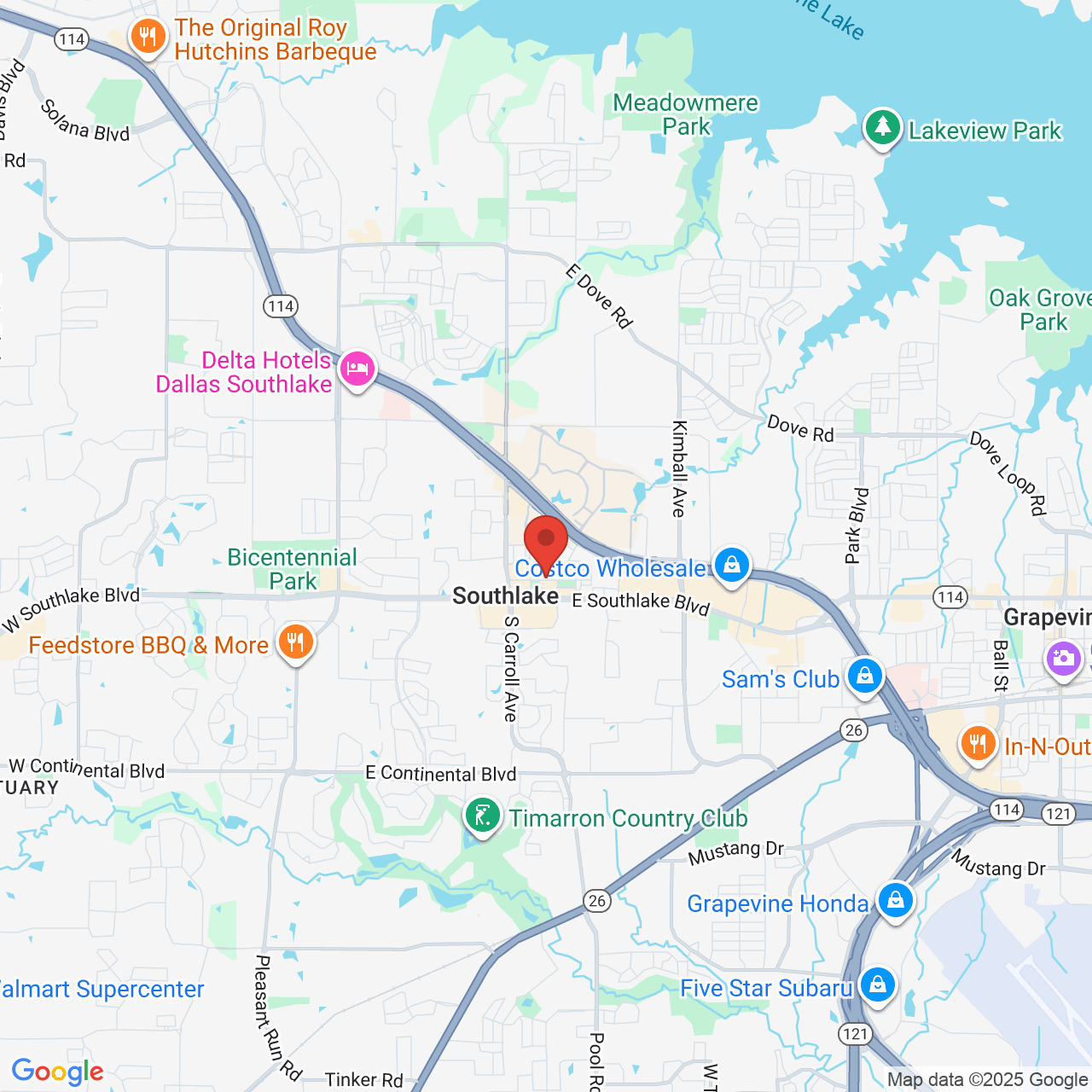 Google map image of our location in 1422 Main St Southlake, TX